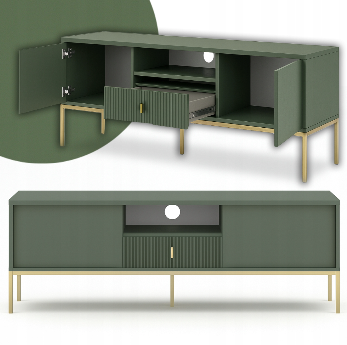 Loftový zelený TV stolík Marcos